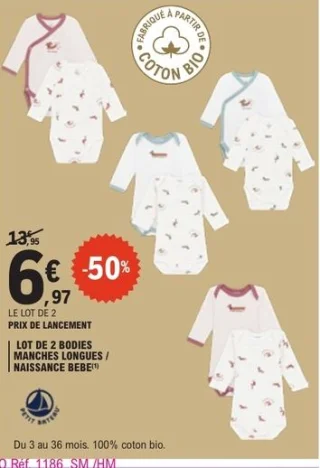Lot de 2 bodies manches longues / naissance bébé Petit Bateau