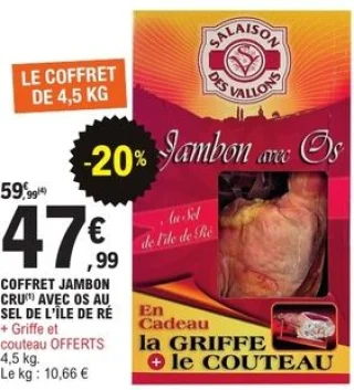 Coffret jambon cru avec os au sel de l'île de Ré + griffe et couteau Salaison des Vallons