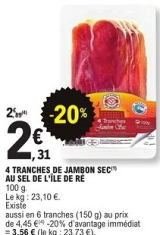 4 tranches de jambon sec au sel de l'île de Ré Salaison des Vallons