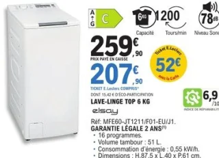 Lave-linge top 6 kg Elsay