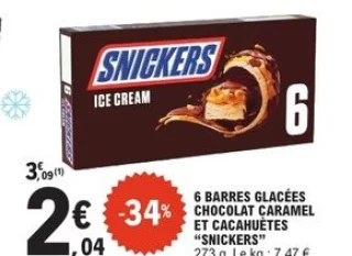 6 Barres glacées chocolat caramel et cacahuètes Snickers