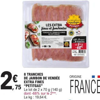 8 tranches de jambon de Vendée extra fines Petitgas