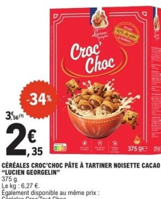 Céréales Croc'Choc pâte à tartiner noisette cacao "Lucien Georgelin"