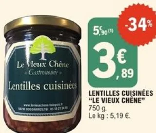 Lentilles cuisinées "Le Vieux Chêne"