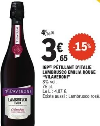 IGP pétillant d'Italie Lambrusco Emilia rouge Vilaveroni