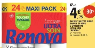 Papier toilette blanc souple et doux 2 épaisseurs Ultra Soin Renova