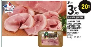 Jambon cuit avec couenne à l'étouffée x4 tranches "Tradition de Vendée"