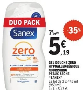 Gel douche Zero Hypoallergénique Nourishing Peaux Sèche Sanex