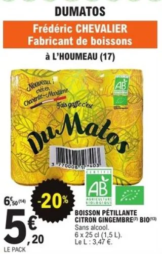 Boisson pétillante citron gingembre bio Dumatos