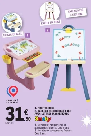 Pupitre rose / Tableau bleu double face avec lettres magnétiques Smoby