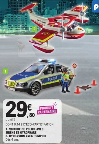 Playmobil Voiture de police avec sirène et gyrophare ou Hydravion avec pompier