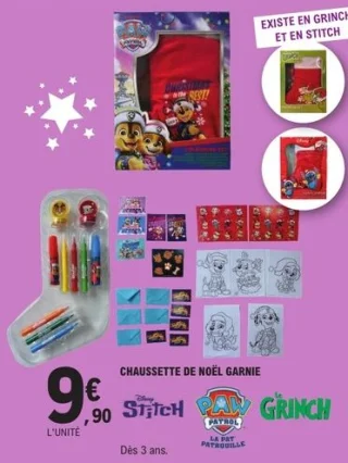 Chaussette de Noël garnie Paw Patrol, Stitch ou Grinch