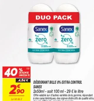 Déodorant bille 0% Extra Control Sanex