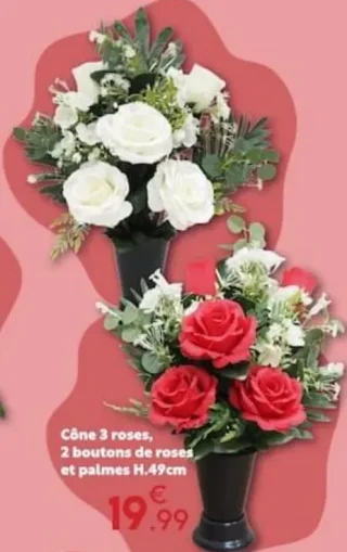 Cône 3 roses, 2 boutons de roses et palmes H.49cm