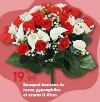 Bouquet boutons de roses, gypsophiles et arums H.41cm