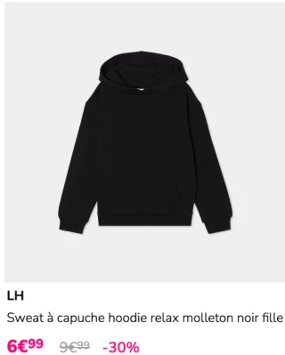 Sweat à capuche hoodie relax molleton noir fille LH