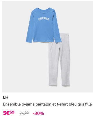 Ensemble pyjama pantalon et t-shirt bleu gris fille LH