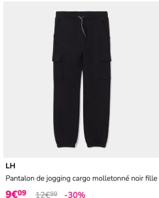 Pantalon de jogging cargo molletonné noir fille LH