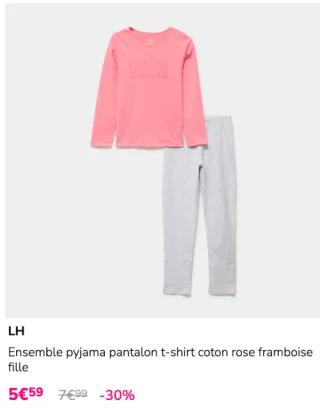 LH Ensemble pyjama pantalon t-shirt coton rose framboise fille