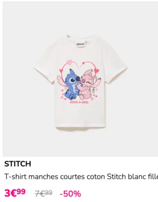 STITCH T-shirt manches courtes coton Stitch blanc fille