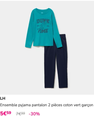 LH Ensemble pyjama pantalon 2 pièces coton vert garçon