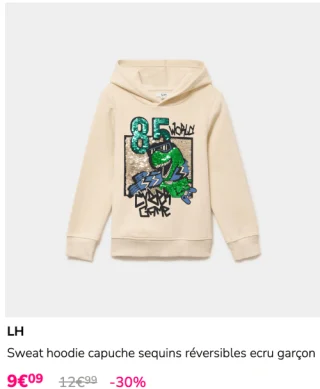 Sweat hoodie capuche sequins réversibles ecru garçon LH