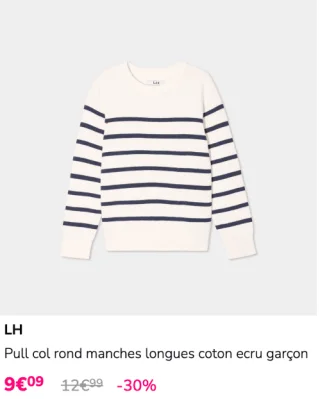Pull col rond manches longues coton ecru garçon LH