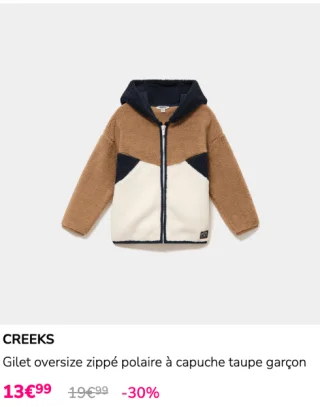 Gilet oversize zippé polaire à capuche taupe garçon