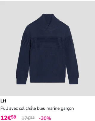 Pull avec col châle bleu marine garçon