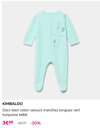KIMBALOO Dors-bien coton velours manches longues vert turquoise bébé