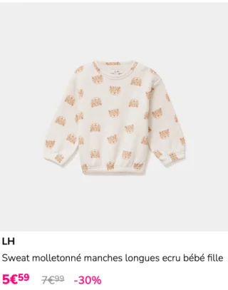 LH Sweat molletonné manches longues ecru bébé fille