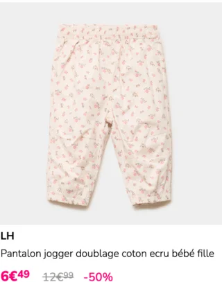 LH Pantalon jogger doublage coton ecru bébé fille