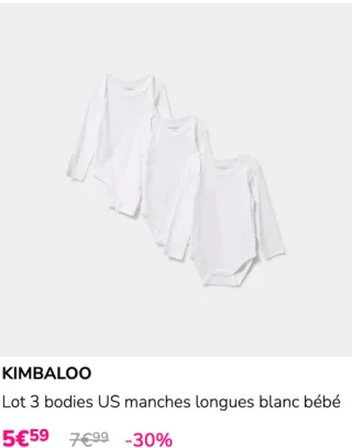 KIMBALOO Lot 3 bodies US manches longues blanc bébé