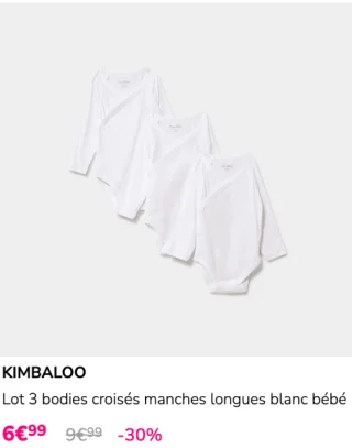 Lot 3 bodies croisés manches longues blanc bébé Kimbaloo