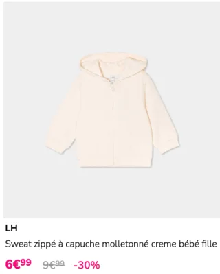 Sweat zippé à capuche molletonné creme bébé fille LH