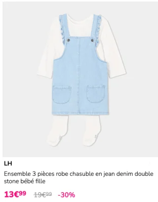 Ensemble 3 pièces robe chasuble en jean denim double stone bébé fille LH