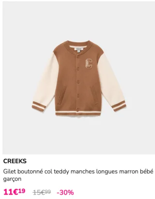 Gilet boutonné col teddy manches longues marron bébé garçon CREEKS
