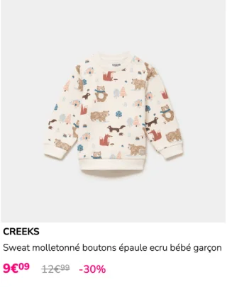 Sweat molletonné boutons épaule ecru bébé garçon CREEKS