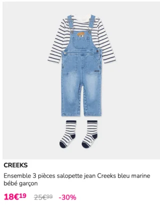 Ensemble 3 pièces salopette jean Creeks bleu marine bébé garçon