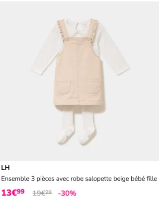 Ensemble 3 pièces avec robe salopette beige bébé fille LH
