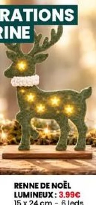 RENNE DE NOËL LUMINEUX 15 x 24 cm - 6 leds