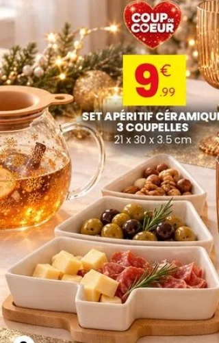 Set apéritif céramique 3 coupelles 21 x 30 x 3.5 cm