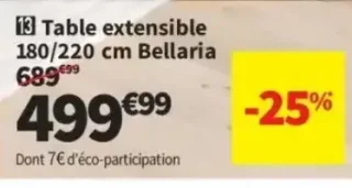 Table extensible 180/220 cm Bellaria