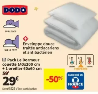 Pack Le Dormeur couette 140x200 cm + 1 oreiller 60x60 cm DODO