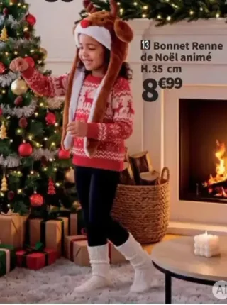 Bonnet Renne de Noël animé H.35 cm
