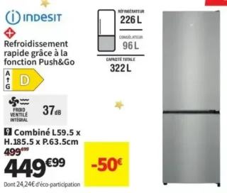 Réfrigérateur combiné Indesit L.59.5 x H.185.5 x P.63.5cm