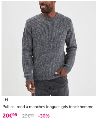 LH Pull col rond à manches longues gris foncé homme