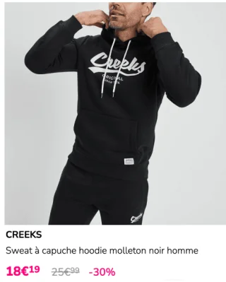 CREEKS Sweat à capuche hoodie molleton noir homme