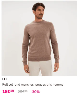 LH Pull col rond manches longues gris homme