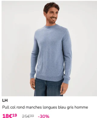 LH Pull col rond manches longues bleu gris homme